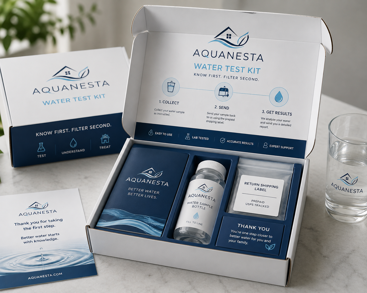 AquaNesta Water Test Kit with sample bottle, return shipping label, and instructions