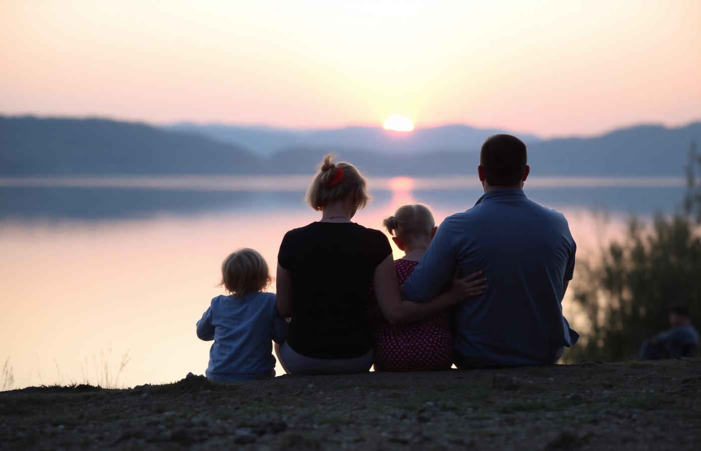 A family sitting together by a quiet lake at sunset