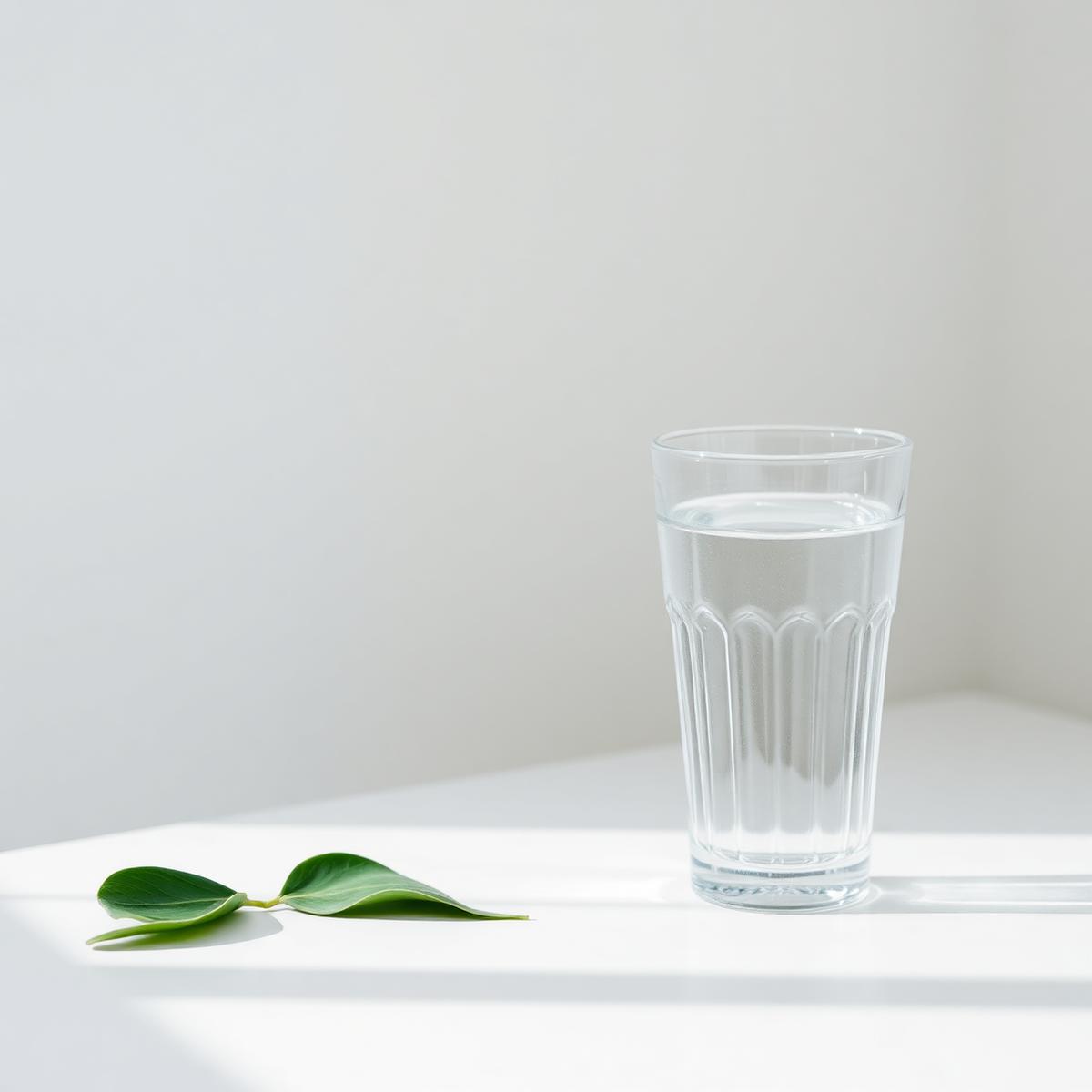 A clear glass of water on a bright counter beside a green leaf